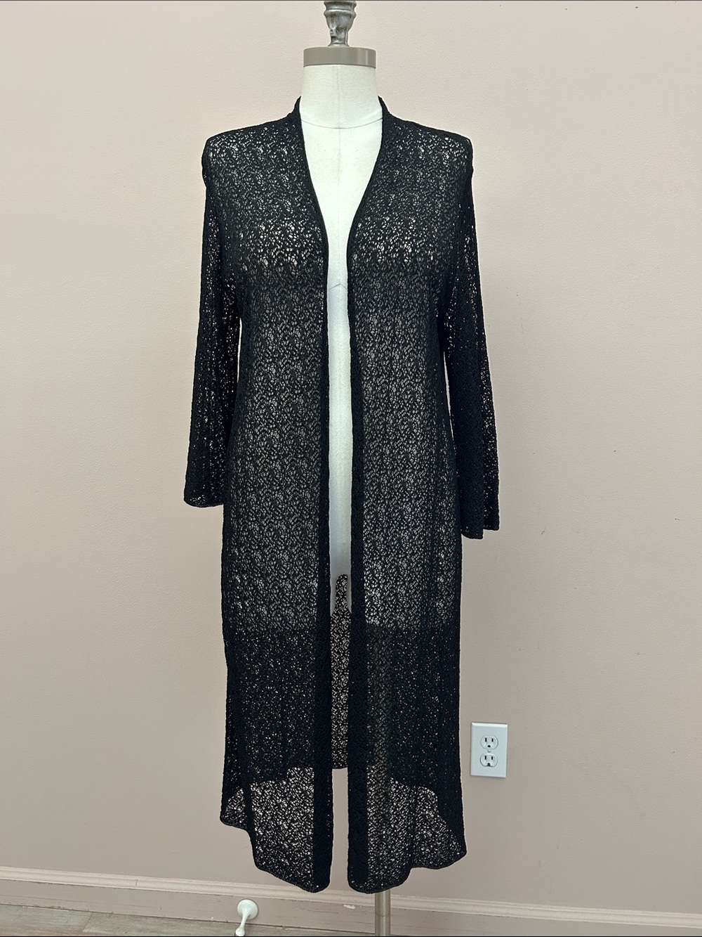 Eileen Fisher Black Sheer Open-Front Lace Duster Cardigan long sweater sz Large